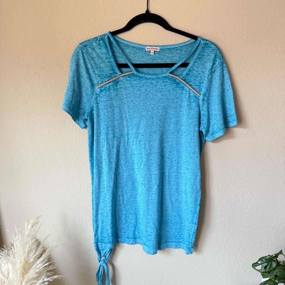 Vintage Juicy Couture Blue Teal T-Shirt Top Keyhole Beads Gems Detail Side Tie